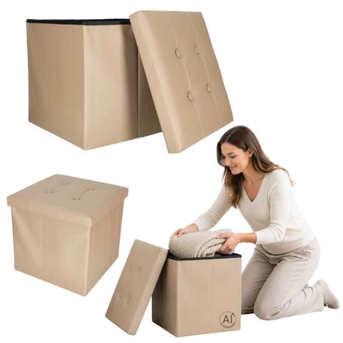 Folding pouf with under-seat storage eco-leather 38x38x36 cm beige