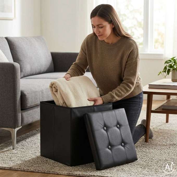 Folding pouf with under-seat storage eco-leather 38x38x36 cm black