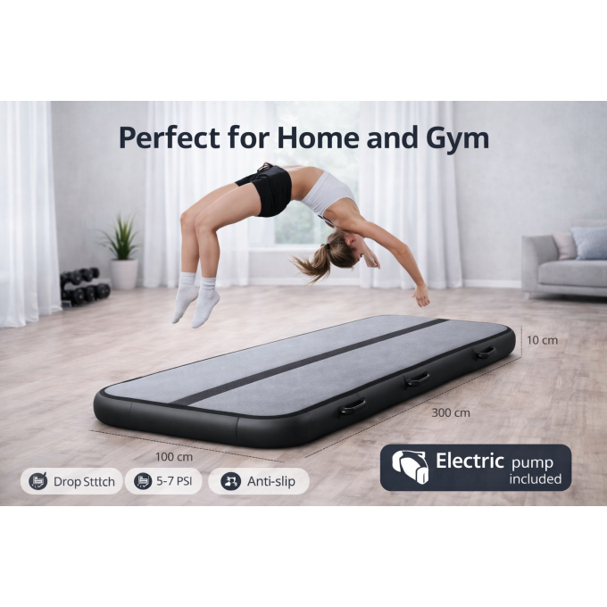 Gymnastic mattress exercise path acrobatic pump 300x100x10cm gray