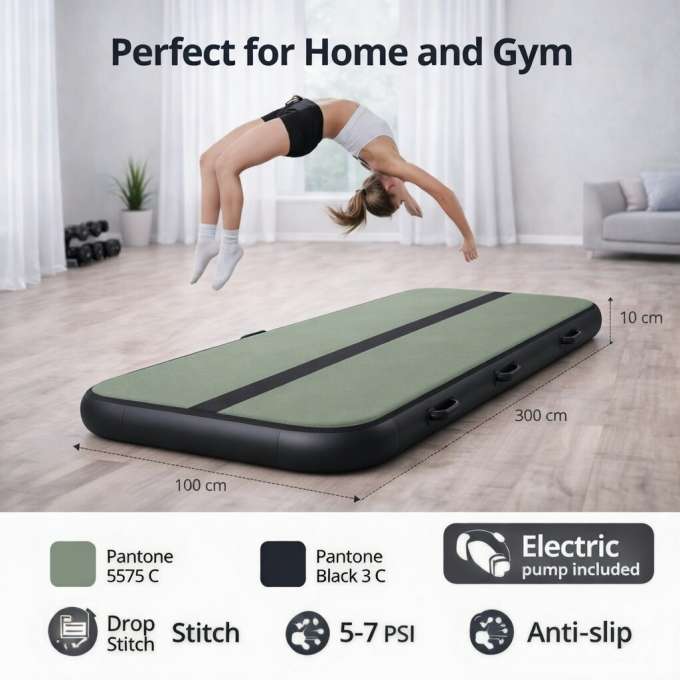 Gymnastic mattress exercise path acrobatic pump 300x100x10cm green