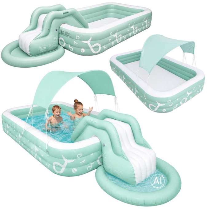 Inflatable garden pool for kids with slide canopy and pump