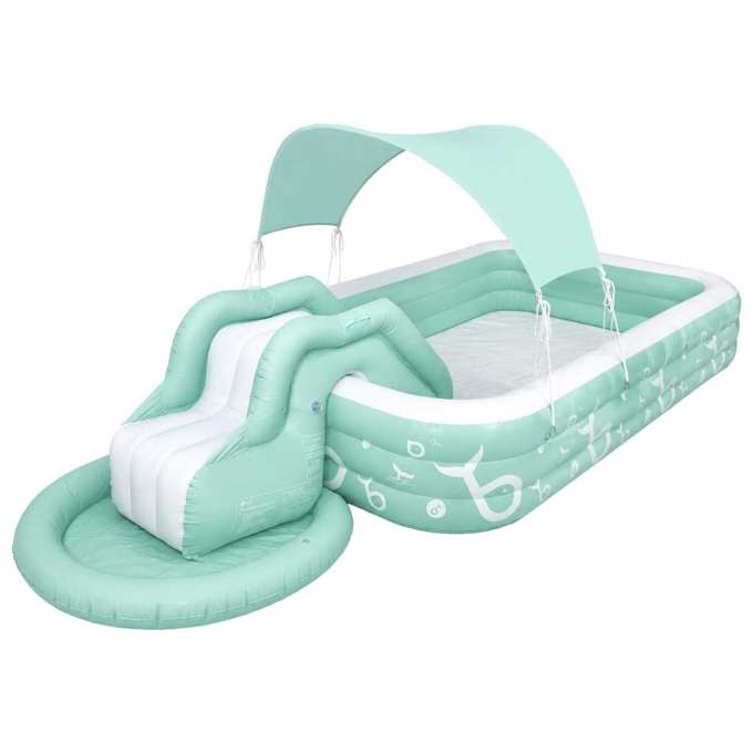 Inflatable garden pool for kids with slide canopy and pump
