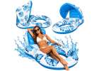 Inflatable swimming mattress deck chair with backrest and canopy blue 1