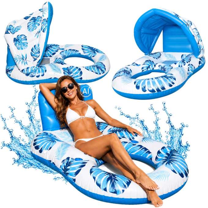 Inflatable swimming mattress deck chair with backrest and canopy blue