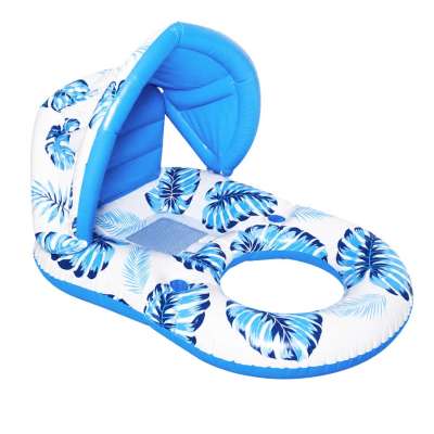 Inflatable swimming mattress deck chair with backrest and canopy blue