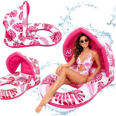 Inflatable swimming mattress deck chair with backrest and canopy pink