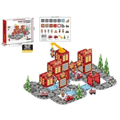 3D magnetic construction blocks fire department 2 cars 92 elements