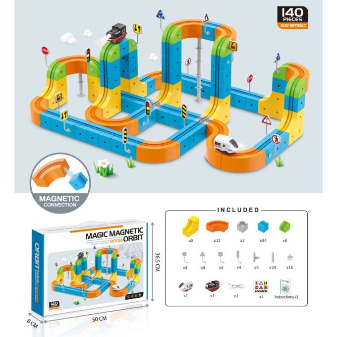 Magnetic Building Blocks Race Track and Trains Set 140 Pieces
