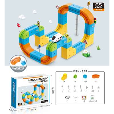 Magnetic Building Blocks Race Track and Train Set 65 Pieces
