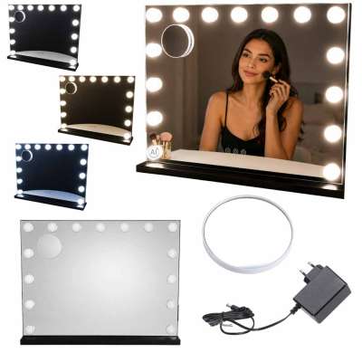 LED makeup mirror with 15 bulbs cosmetic zoom x10 brightness adjustment