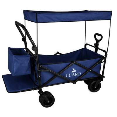 LUARO Foldable Beach Cart with Canopy and 120L Mesh Basket Navy Blue