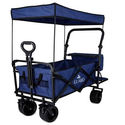 LUARO Foldable Beach Cart with Canopy and 120L Mesh Basket Navy Blue