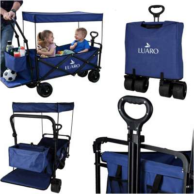 LUARO Foldable Beach Cart with Canopy and 120L Mesh Basket Navy Blue