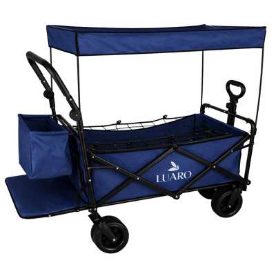 LUARO Foldable Beach Cart with Canopy and 120L Mesh Basket Navy Blue