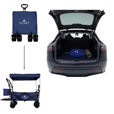 LUARO Foldable Beach Cart with Canopy and 120L Mesh Basket Navy Blue