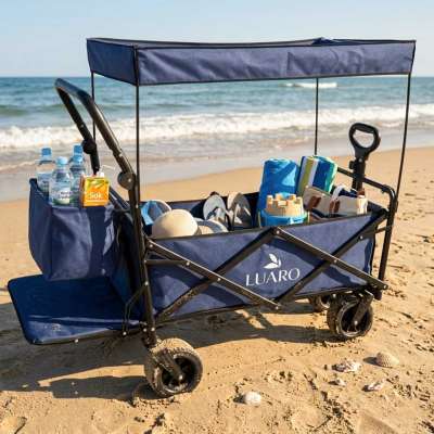 LUARO Foldable Beach Cart with Canopy and 120L Mesh Basket Navy Blue