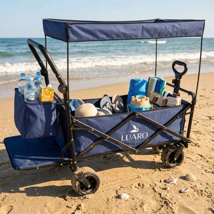 LUARO Foldable Beach Cart with Canopy and 120L Mesh Basket Navy Blue