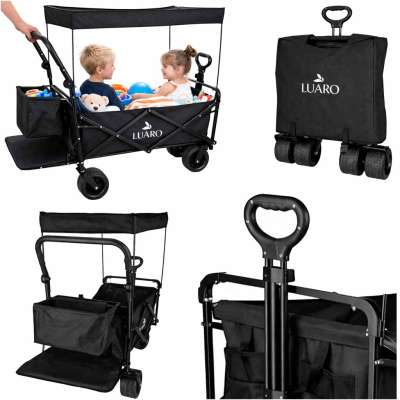 LUARO Folding Beach Cart with Canopy and 120L Mesh Basket Black