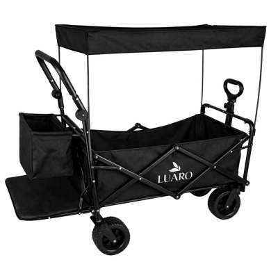 LUARO Folding Beach Cart with Canopy and 120L Mesh Basket Black