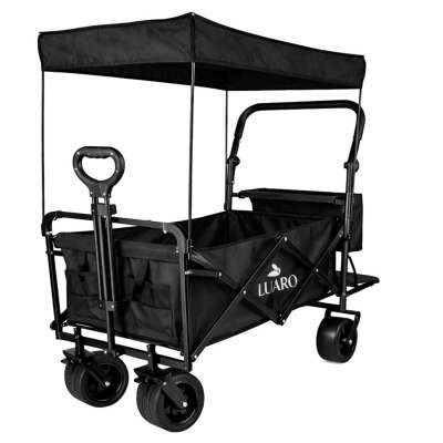 LUARO Folding Beach Cart with Canopy and 120L Mesh Basket Black