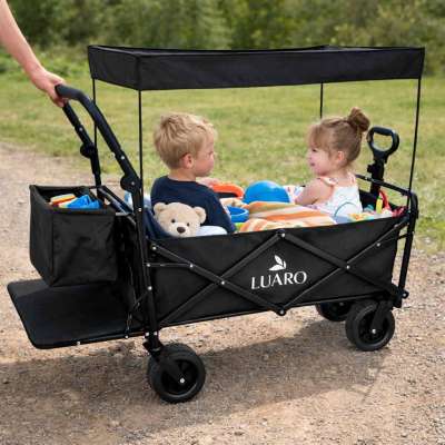 LUARO Folding Beach Cart with Canopy and 120L Mesh Basket Black