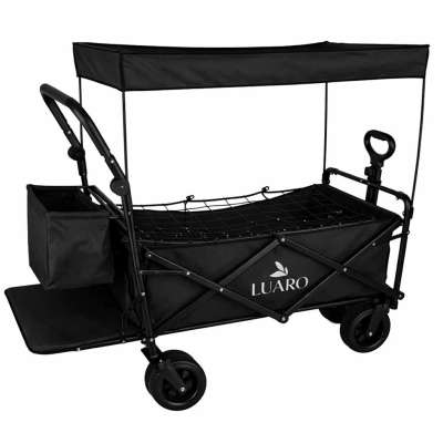 LUARO Folding Beach Cart with Canopy and 120L Mesh Basket Black