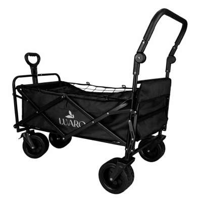 LUARO Folding Beach Cart with Canopy and 120L Mesh Basket Black