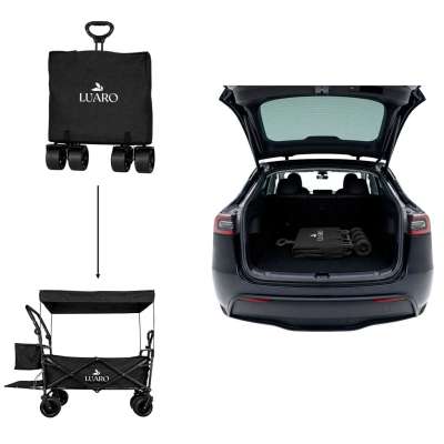 LUARO Folding Beach Cart with Canopy and 120L Mesh Basket Black