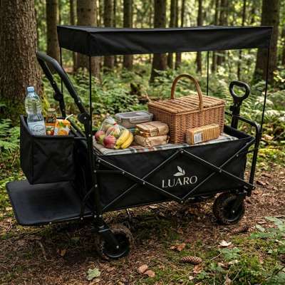 LUARO Folding Beach Cart with Canopy and 120L Mesh Basket Black