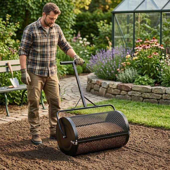 LUARO lawn compost and fertilizer spreader garden mesh roller spreader