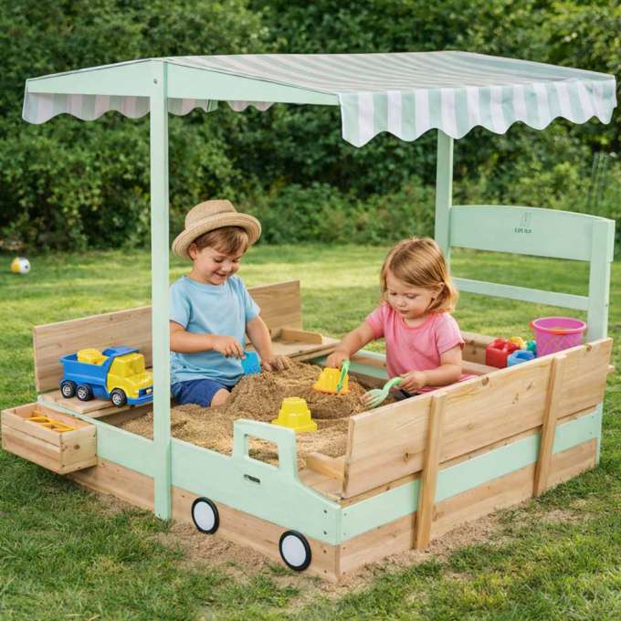 LULILO Vendo wooden sandbox 360° rotating canopy lockable bench 120cm