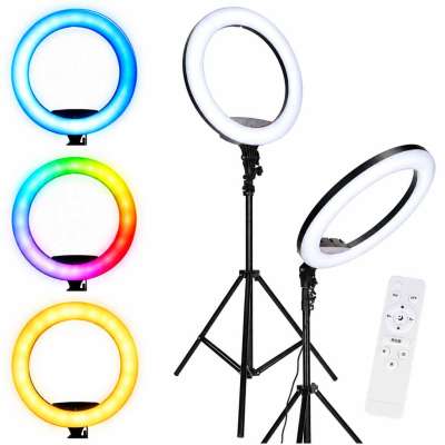 Lampa pierścieniowa LED RGB ring do selfie filmów ze statywem i pilotem 45cm