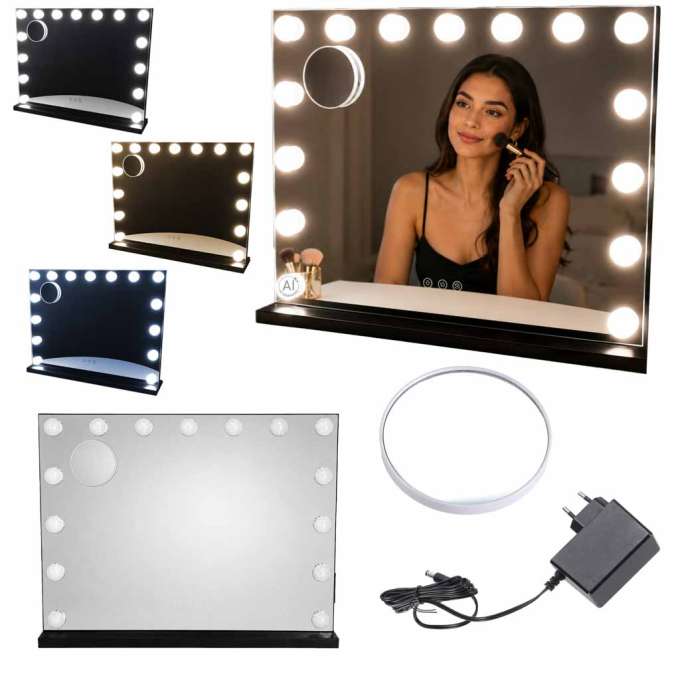 Lusterko do makijażu LED z 15 żarówkami kosmetyczne zoom x10 regulacja jasności