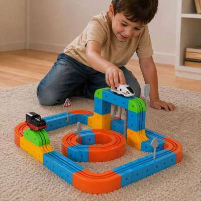 Magnetic Building Blocks Race Track and Trains Set 140 Pieces