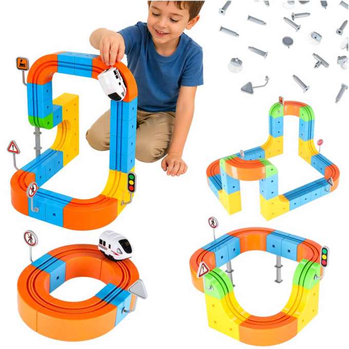 Magnetic Building Blocks Race Track and Trains Set 65 Pieces