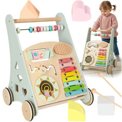 Push toy for children wooden walker with abacus blue