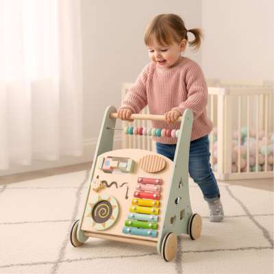 Push toy for children wooden walker with abacus blue