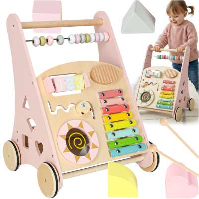 Push toy for children wooden walker with abacus pink