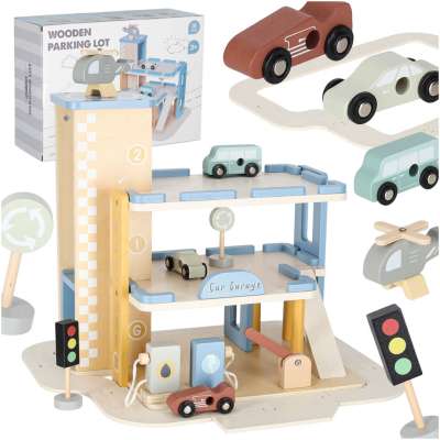 Wooden garage car parking double-decker gas station