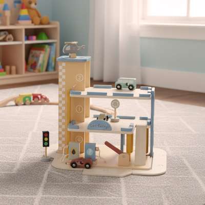 Wooden garage car parking double-decker gas station