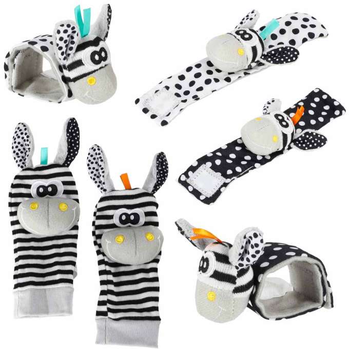 Baby Socks with Rattles and Ribbons 4-Piece Set Black and White
