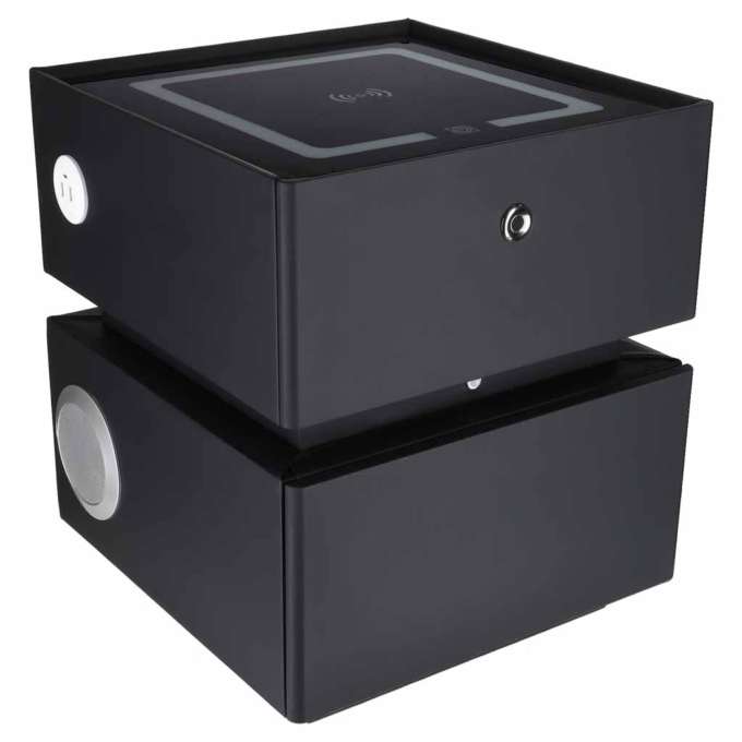 Bedside cabinet hanging with drawers LED lighting a USB charging port and a Bluetooth speaker black