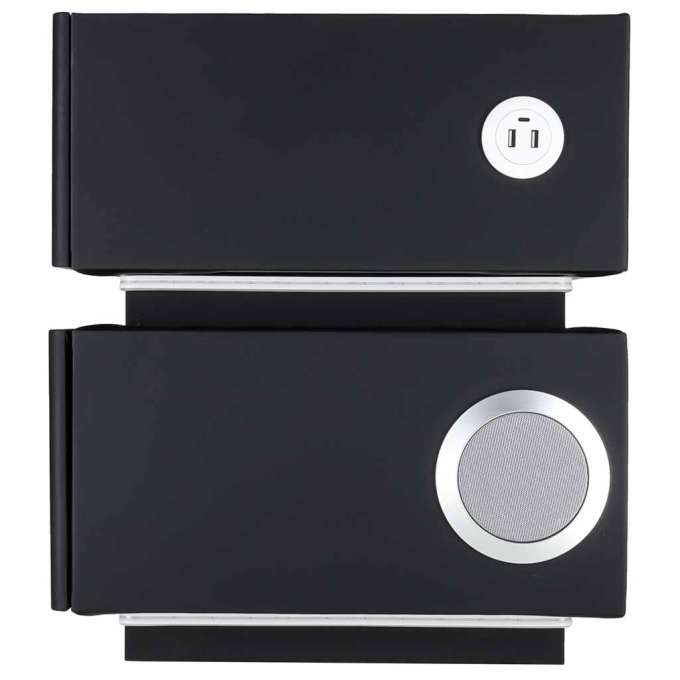 Bedside cabinet hanging with drawers LED lighting a USB charging port and a Bluetooth speaker black