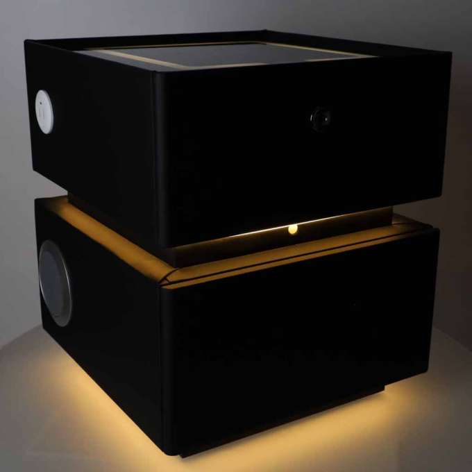 Bedside cabinet hanging with drawers LED lighting a USB charging port and a Bluetooth speaker black