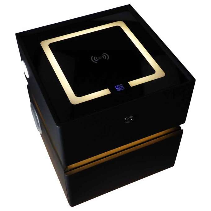 Bedside cabinet hanging with drawers LED lighting a USB charging port and a Bluetooth speaker black