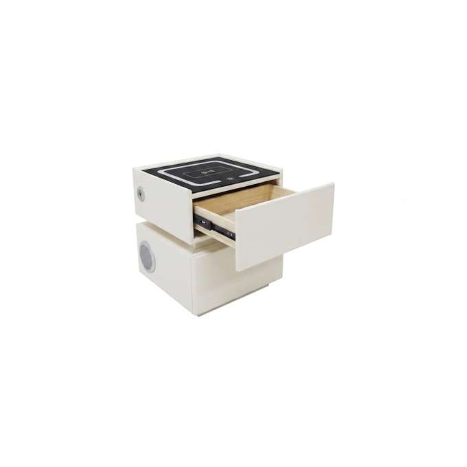 Bedside cabinet hanging with drawers LED lighting a USB charging port and a Bluetooth speaker ecru