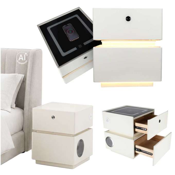 Bedside cabinet hanging with drawers LED lighting a USB charging port and a Bluetooth speaker ecru