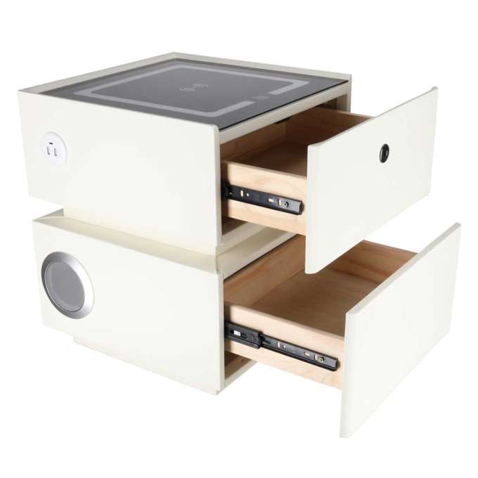Bedside cabinet hanging with drawers LED lighting a USB charging port and a Bluetooth speaker ecru
