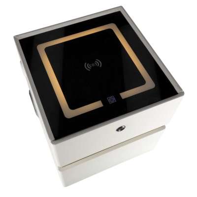 Bedside cabinet hanging with drawers LED lighting a USB charging port and a Bluetooth speaker ecru