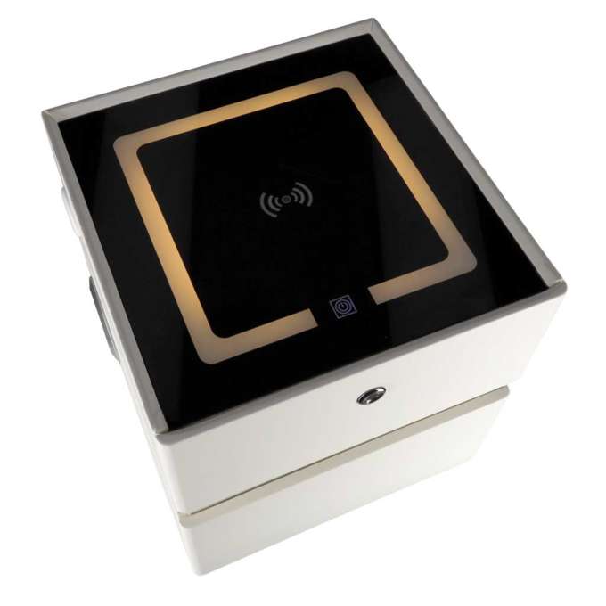 Bedside cabinet hanging with drawers LED lighting a USB charging port and a Bluetooth speaker ecru